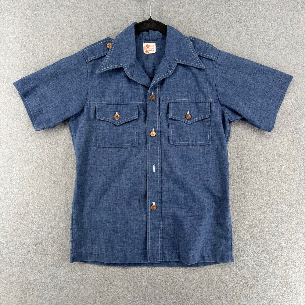 Vintage 70s? Sears Hawaiian Fashions Denim Camp Shirt Womens S? Blue Button Down